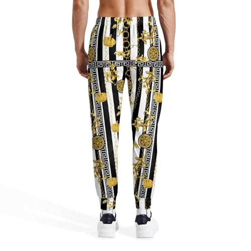 Erdomir Mens Luxury Sweatpants Black Gold Chain Print Pants Baroque Casual Design Joggers with Drawstrings L