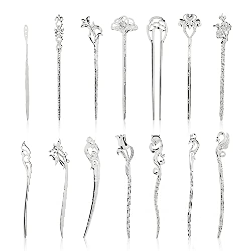 Lawie 14 Pack Vintage Retro Ancient Chinese Japanese Silver Metal Hair Sticks Pins Picks Long Straight Carved Horn Fork Pen Hairpins Chopstick Clip Barrettes Decorative Bun Hair Accessories for Women
