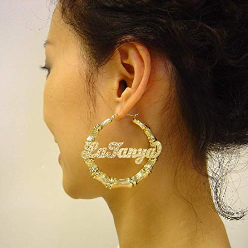 10k Gold Personalized Diamond Cut Name Hollow Bamboo Hoop Earrings 2.1 Inches