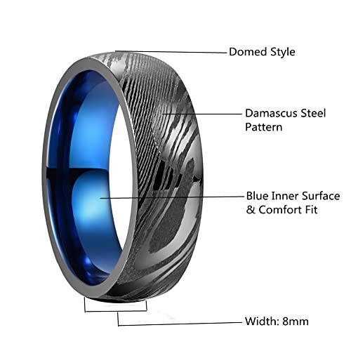 Vakki Damascus Mens Wedding Bands 8mm Black Damascus Steel Rings Blue Innerface Comfort Fit Size 12
