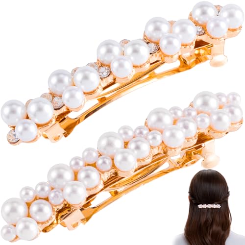 CTEAKOP 2 Pcs Pearl Hair Clips, Pearl-Embellished Barrette, Elegant Rhinestone Pearls Barrettes for Women, Party, Wedding, Daily Use, Graduation (Gold)