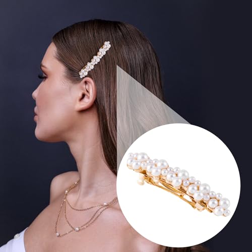 CTEAKOP 2 Pcs Pearl Hair Clips, Pearl-Embellished Barrette, Elegant Pearls Barrettes for Women, Party, Wedding, Daily Use, Graduation (Gold)