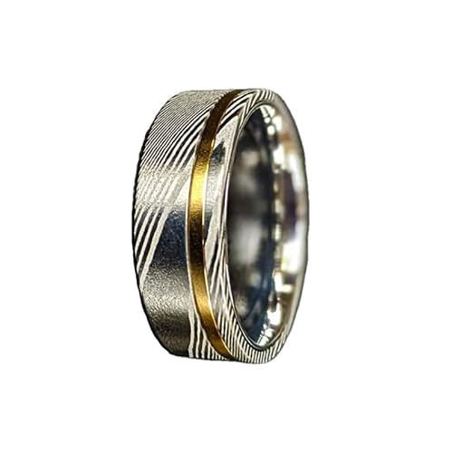 Pillar Styles 14K Gold Damascus Rings for Men 8mm Unique Silver Damascus Steel Wedding Band Mens Gold Ring with Offset Inlay Comfort Fit Engagement Bands