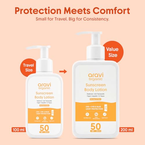Aravi Organic Daily Oil-Free Body Sunscreen Lotion SPF 50 Broad Spectrum 80-Min Water Resistant | Niacinamide + Hyaluronic Acid + Copper Peptide | Reef Safe Vegan Oxybenzone Free | 6.76 Fl Oz