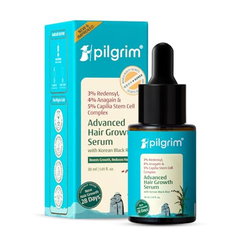 Pilgrim Advanced Hair Growth Serum with Redensyl 3%, Anagain 4% & Baicapil | Hair Fall Control & Regrowth | Korean Black Rice | For Men & Women, 1.01 Fl Oz (30ml)