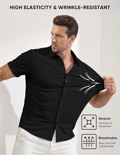 JMIERR Muscle Dress Shirts for Men Muscle Fit Stretch Casual Button Down Short Sleeve Wrinkle-Free Shirt,M,Black