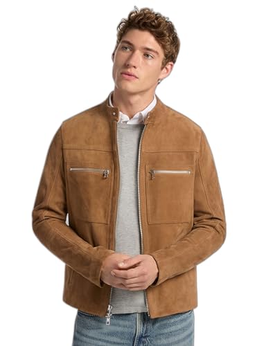 Michael Kors Men's Suede Double Zip Pocket Racer Jacket, Dark Camel, XS