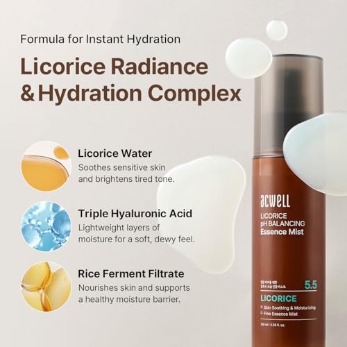 ACWELL Licorice pH Balancing Essence Hydrating Face Mist – Ultra-Fine Facial Spray, Triple Hyaluronic Acid & Panthenol, Soothing & Barrier Repair for Sensitive Skin, 3.38 fl oz