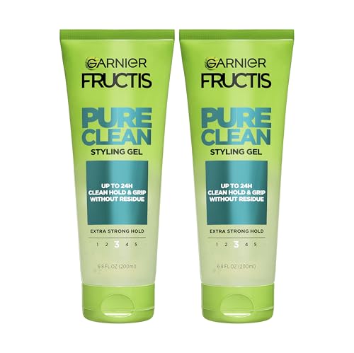 Garnier Fructis Pure Clean Styling Hair Gel, Extra Strong Hold for Up to 24HRs, Non-Flaking, Non-Sticky Formula with Aloe Extract, Made for All Hair Types, 6.8 fl oz, 2 Count (Packaging May Vary)