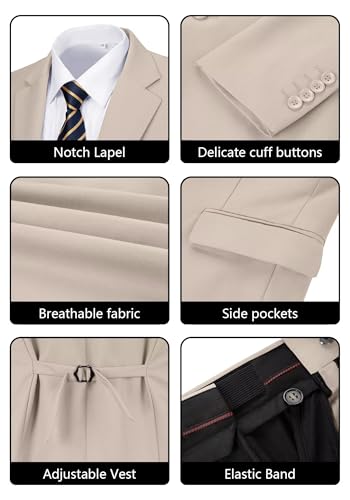 Men's 3 Piece Suit 2 Button Business Wedding Prom Slim Fit Suits Blazer Formal Tuxedo Vest & Trousers Light Champagne