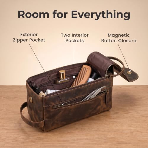 LEATHER VILLAGE Genuine Leather Toiletry Travel Bag For Men & Women, Brown