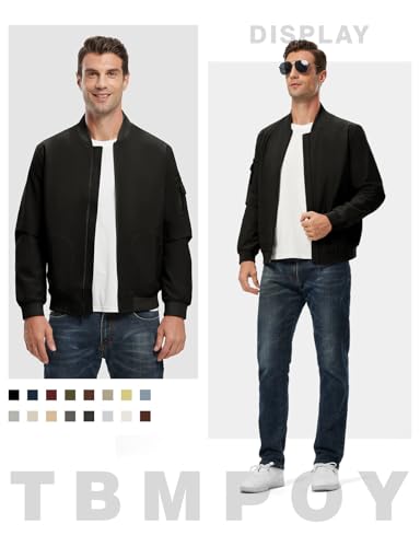 TBMPOY Men's Black Lightweight Bomber Jackets Light Windbreaker Casual Stylish Fall Golf Dress Business Varsity Black M