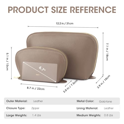 Kattee Leather Makeup Bag for Women, Medium, Khaki