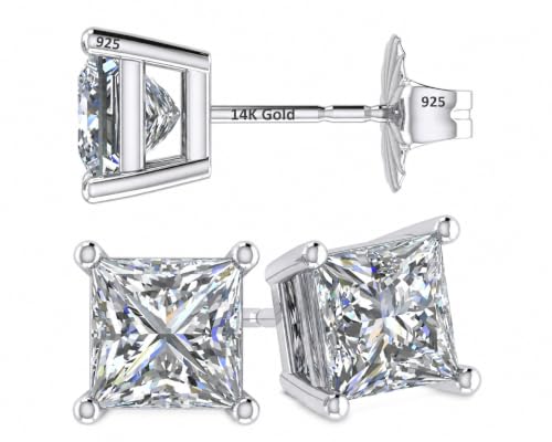 Central Diamond Center 14K Gold Posts & Sterling Silver Princess Cut CZ Stud Earrings Made with Swarovski Zirconia - 5.0mm 1.50cttw - Platinum Plated