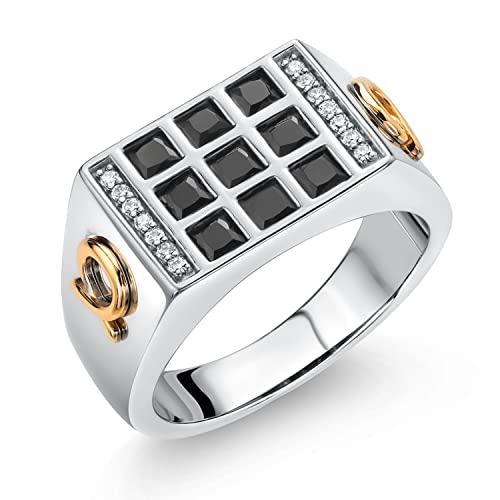 Gem Stone King Men's 925 Sterling Silver and 10K Yellow Gold Black Onyx and White Lab Grown Diamond Ring with Alpha Symbol (1.27 Cttw, Size 11)