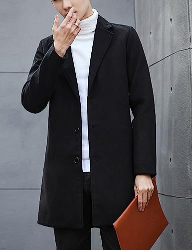 Springrain Men's Wool Blend Pea Coat Notched Collar Single Breasted Overcoat Warm Winter Trench Coat(Black-XS)
