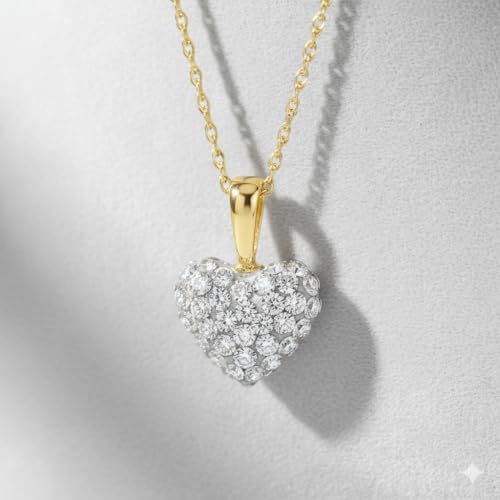 Jewelili 10K Yellow Gold Cubic Zirconia Puffed Heart Pendant Necklace
