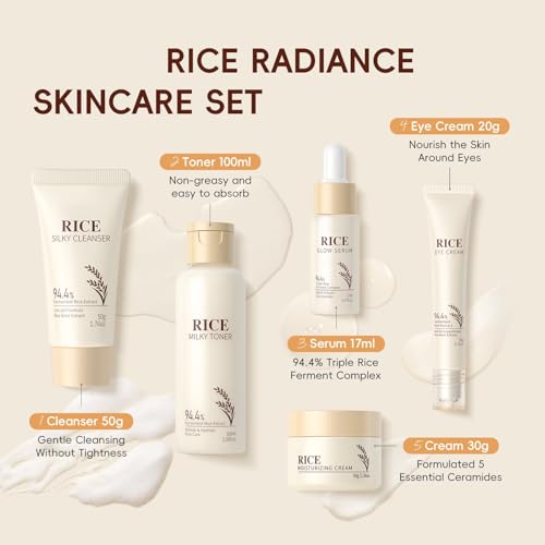 Moisturizing Korean Rice Skin Care Set – Radiance Skincare 5-Step Routine with Rice Cleanser, Toner, Serum, Face Cream, Eye Cream, Hyaluronic Acid & Ceramides for Glowing Skin, All Skin Types