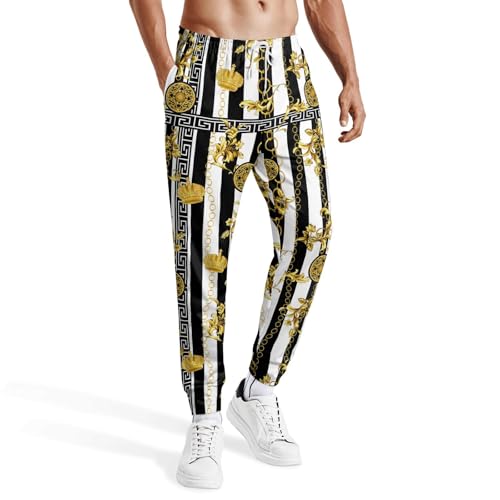 Erdomir Mens Luxury Sweatpants Black Gold Chain Print Pants Baroque Casual Design Joggers with Drawstrings L