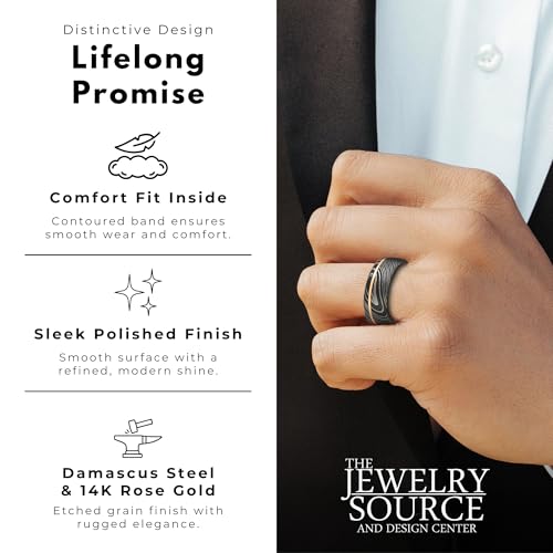 8mm Damascus Steel Men’s Wedding Band – 14K Rose Gold Inlay – Comfort Fit Ring with Polished Interior and Etched Black Grain (9)