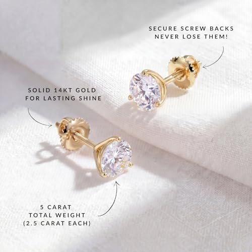 Privosa - 5 Carat Lab Grown Diamond Stud Earrings in 14K Yellow Gold