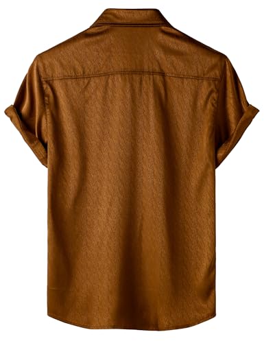 ZEROYAA Men's Luxury Shiny Satin Jacquard Shirt Modern Fit Short Sleeve Button Down Shirts for Summer Party Prom Brown Large
