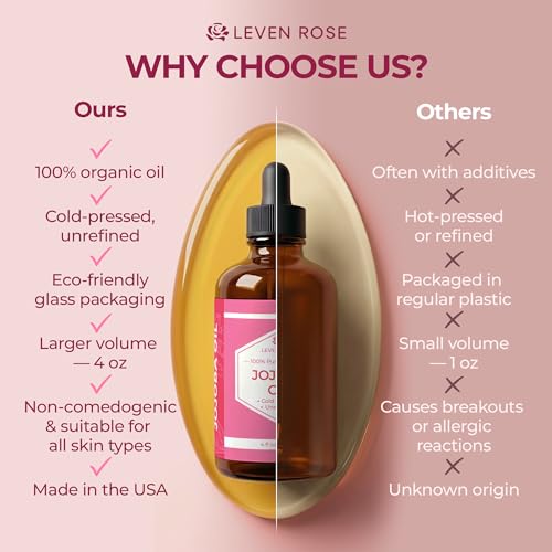 Leven Rose Jojoba Oil Organic Cold Pressed for Skin, Hair & Nails, 4 oz