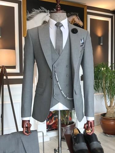 TIJOFA Dusty Blue Suits for Men 3 Piece Suit Slim Fit Double Breasted Men's Dusty Blue Tuxedo Elegant Classic Fit Wedding Formal Business Prom Party Tuxedo Classic Groom Dinner Casual XS