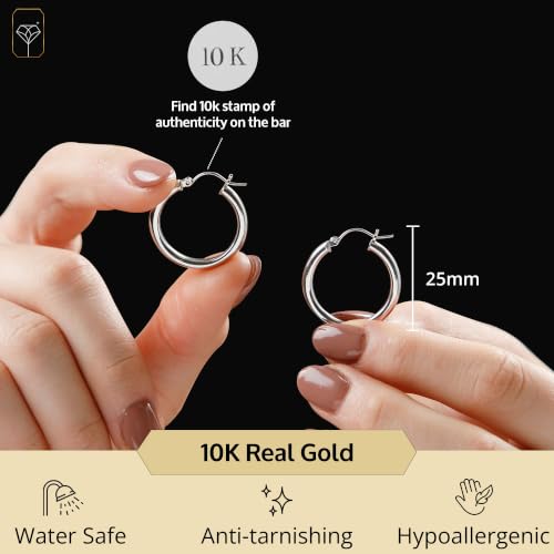 MAX + STONE Solid 10K Gold Hoop Earrings with Click Tops for Women | 1 Inch Large White Gold