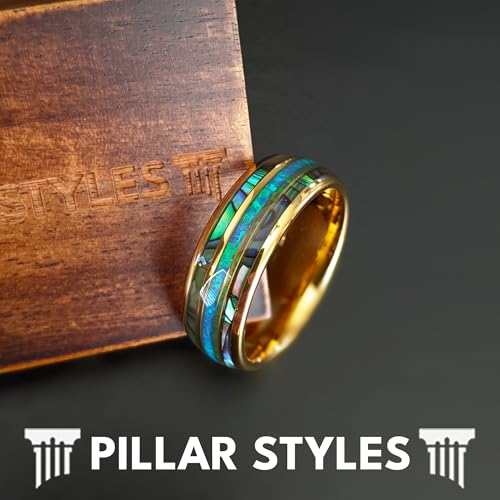 Blue Opal Ring 14K Gold Wedding Band Tungsten Rings with Abalone Inlay 8mm Yellow Gold Mens Wedding Bands Tropical Nature Inspired Gifts for Him