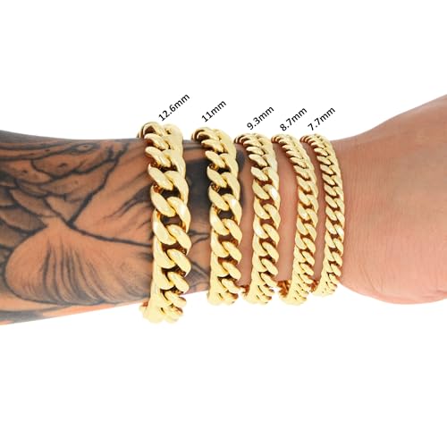 Nuragold 14K Real Yellow Gold Miami Cuban Lightweight Link Chain Bracelet 7"-9" (3mm-12.6mm) Italian Jewelry for Men & Women - 7.7mm,8"