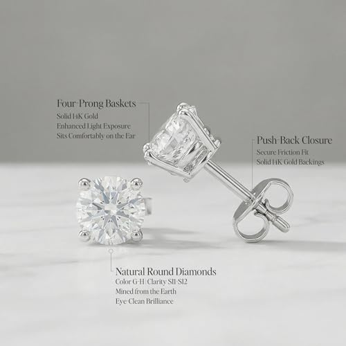 Natural Diamond Stud Earrings for Women in 14K Solid Gold (0.20-0.50 CTW) Round Brilliant, 4-Prong, Friction Backs (White Gold, 1 ct. tw.)