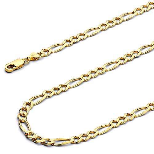 14k REAL Yellow Gold Solid Men's 4.5mm Figaro 3+1 Concave Yellow Pave Chain Bracelet with Lobster Claw Clasp - 7.5"