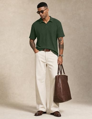 JMIERR Polo Shirts for Men Classic Fit Short Sleeve Loose Casual Soft Button Old Money Textured Cable Knit Shirt Quiet Luxury Clothes, XL, Green