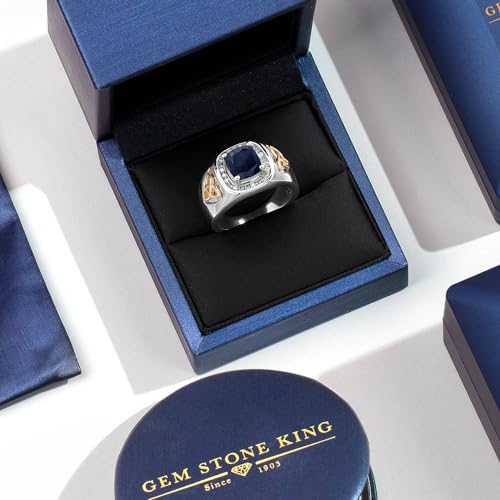 Gem Stone King Two-Tone Cushion Cut Ring for Men, Blue Sapphire, 11