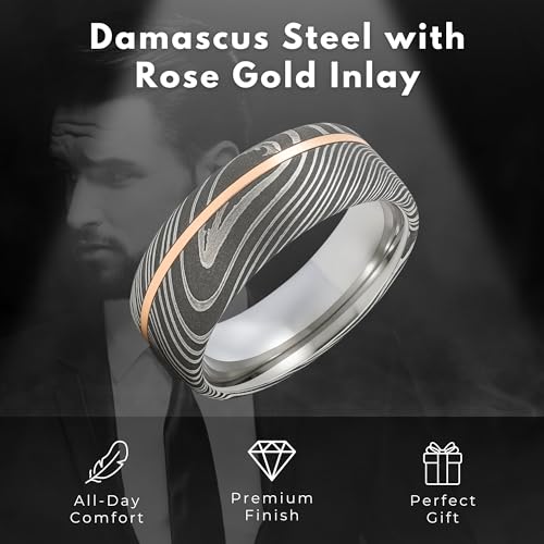 8mm Damascus Steel Men’s Wedding Band – 14K Rose Gold Inlay – Comfort Fit Ring with Polished Interior and Etched Black Grain (9)