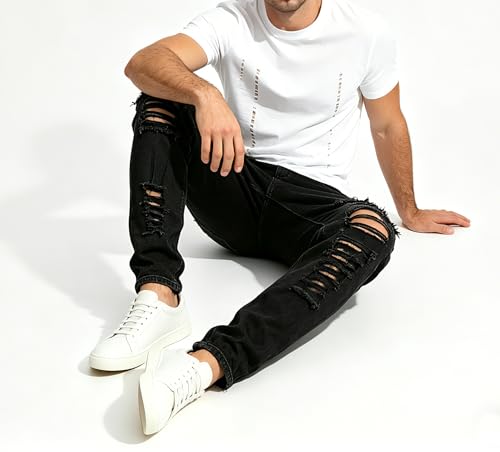 Men's Ripped Skinny Stretch Distressed Destroyed Slim Jeans Denim Pants Black 32