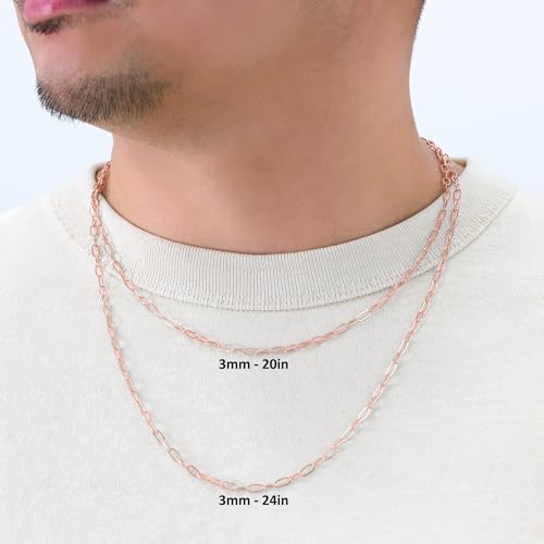 Nuragold 10k Real Rose Gold Paperclip 3mm Elongated Cable Link Necklace (16"-24") Dainty Italian Jewelry for Men & Women - 16"