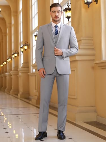 Cooper & Nelson 3 Piece Grey Mens Suit Set 2 Button Slim Fit Suits for Men Business Wedding Party Tuxedo Jacket Vest Pants and Tie, Light Grey L