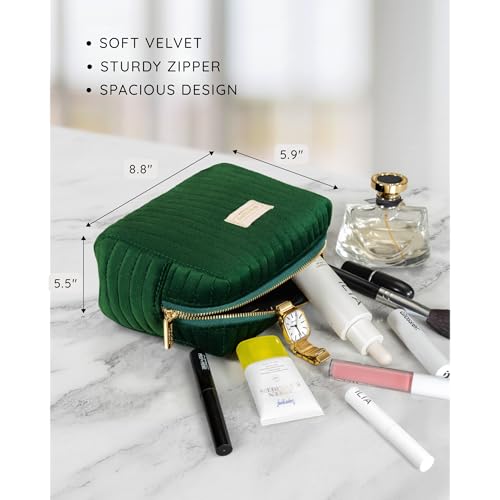 Benevolence LA Plush Velvet Large Makeup Bag for Travel | Cosmetic Pouch, Toiletry Organizer for Women, Large Capacity Bag for Accessories, Quilted Purse - Emerald Green