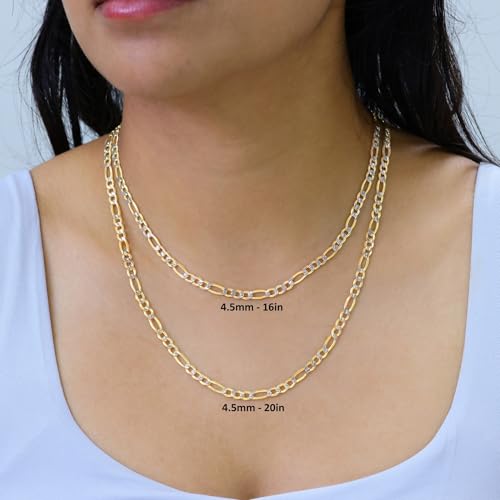 Nuragold 10k Real Yellow Gold Figaro Link Pave Diamond Cut Chain Necklace - 22",4.5mm