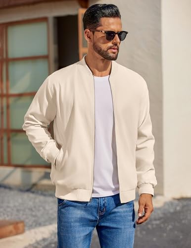 COOFANDY Mens Casual Lightweight Cotton Jacket Fashion Flight Linen Bomber Varisty Jacket With Pockets Beige, X-Large