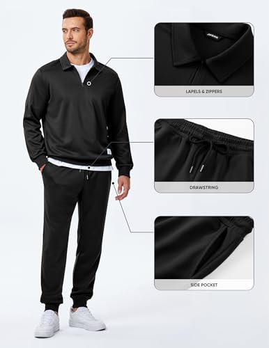 JMIERR Mens Outfits Track Suits 2 Piece Set Long Sleeve Quarter Zipper Polo Shirt& Joggers Sweatpants with Pockets, Fall Tracksuit Sweatsuits Matching Lounge Sets, Black, XL