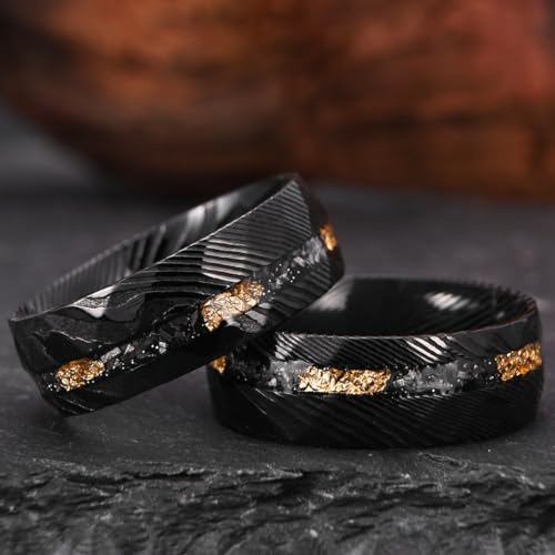 Concept Knight Black Damascus Steel Rings for Men Fashion Hammered Texture