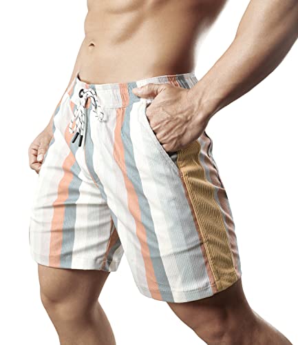 JOTOOK Men's Casual Drawstring Corduroy Shorts Elastic Waist Summer Shorts with Pocket Printed Short Medium Grey White Stripe