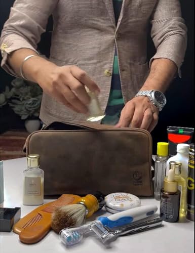 Leather Travel Toiletry Bag for Men, Full Grain Cosmetic Dopp Kit Organizer