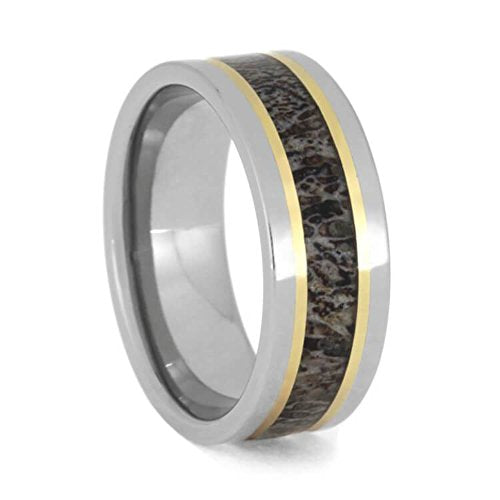 The Men's Jewelry Store (Unisex Jewelry) Deer Antler, 14k Yellow Gold Stripes 8mm Titanium Comfort-Fit Band Size 5.25