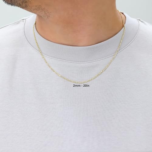 Nuragold 10k Real Yellow Gold Figaro Link Pave Diamond Cut Chain Necklace - 20",2mm