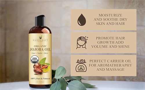 Handcraft Blends USDA Organic Jojoba Oil | Cold-Pressed | 8 Fl Oz | 100% Pure & Natural | for Hair, Skin & Face | Premium Grade Carrier Oil | for Massage & Aromatherapy | Hexane-Free