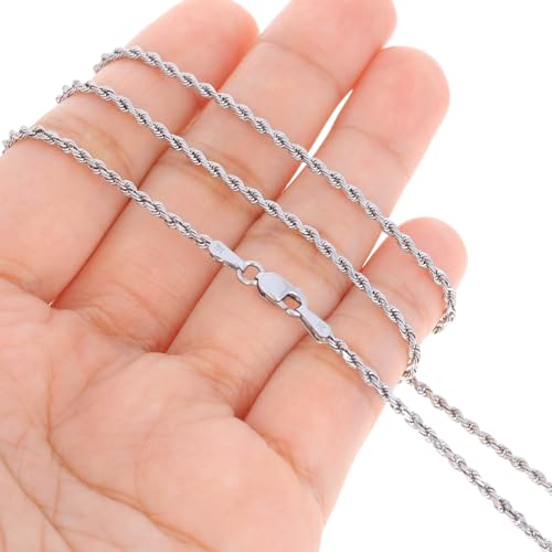 Nuragold 14k Real White Gold Rope Chain Solid Diamond Cut Necklace - 1.5mm - 24"